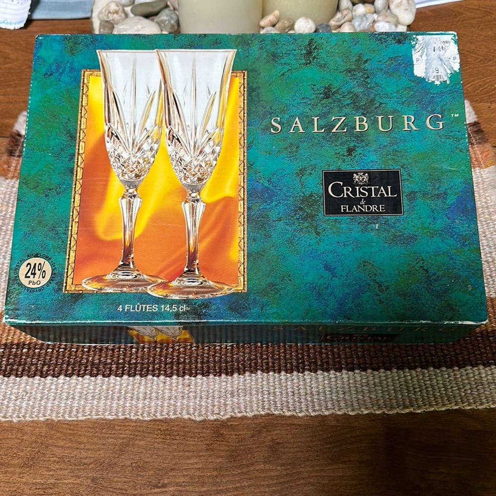 🆕CRISTAL DE FLANDRE SALZBURG 1994 🍾🥂CHAMPAGNE FLUTES (4) LEAD CRYSTAL 24%